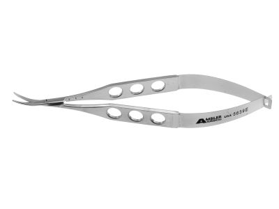 Shepard-Castroviejo tenotomy scissors, 4 1/2'', large, curved blades, upper blade serrated, blunt tips, flat 3-hole handle