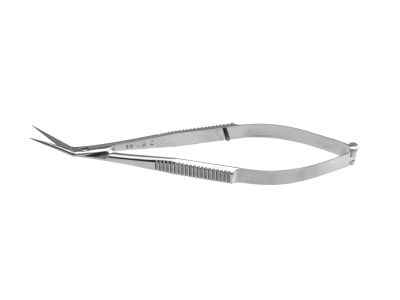 McClure iris scissors, 4 1/2'', angled 14.0mm blades, sharp tips, flat spring handle