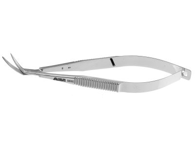 Castroviejo corneal section scissors, 4 3/8'',angled right 18.0mm blades, curved to conform to the curve of the limbus, lower blade extended 1.0mm, blunt tips, flat handle