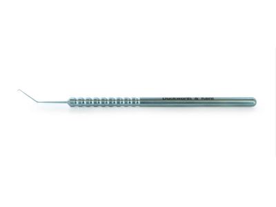 D&K nucleus divider, 4 7/8'',angled 45º shaft, 14.0mm from bend to tip, 1.25mm tip length, straight, sharp inner sides, cutting edge 30º to axis, round handle, titanium