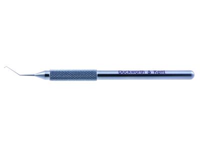 D&K Akahoshi nucleus sustainer, 4 1/4'',angled shaft, 10.0mm from bend to tip, 0.5mm diameter bulbous tip, round handle, titanium