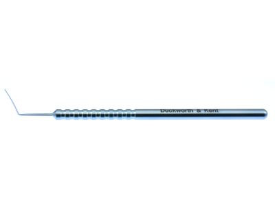 D&K Mackool-Barraquer spatula, 4 1/2'',angled, 0.25mm x 15.0mm blade, blunt tip, round handle, titanium
