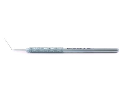 D&K Barraquer style iris spatula, 4 5/8'',angled, 0.25mm x 15.0mm blade, blunt tip, round handle, titanium