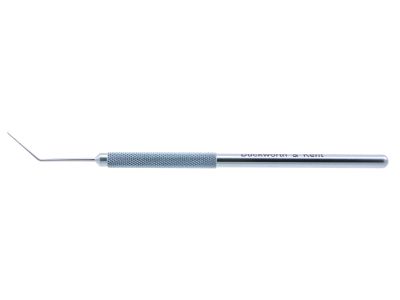 D&K Daya descemet's membrane scraper, 4 7/8'',angled 45º shaft, 14.0mm from bend to tip, 0.5mm x 0.7mm, sharp paddle tip , round handle, titanium
