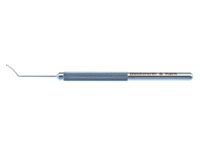 D&K IOL manipulator, 4'',curved shaft, 10.0mm from bend to tip, 0.8mm diameter disc tip, textured underside, round handle, titanium