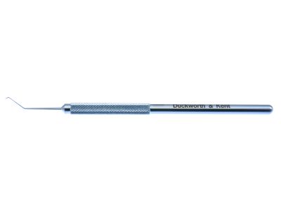 D&K nucleus rotator, 4 3/4'',angled shaft, 10.0mm from bend to tip, curved right, 0.2mm x 0.3mm tip, 1.75mm tip length, right hand surgeon, round handle, titanium