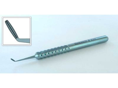 D&K Tsukahara scleral depressor, 4 1/2'', angled shaft, 1.2mm x 6.0mm long textured/slotted tip, round handle, titanium