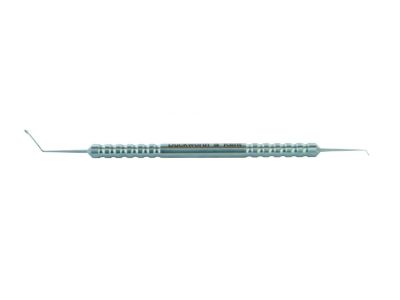 D&K SMILE double ended dissector with taneri spoon tip, 4 1/2'', double-ended, angled 60°, 8.5mm from bend to tip, 1.25mm x 0.3mm semi-sharp spoon shaped tip, laser markers at 7.0mm, 7.5mm, and 8.0mm, angled 60