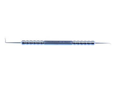 D&K Reinstein SMILE lenticule separator, 4 1/2'', double-ended, angled 90° shaft, 8.5mm bend to tip, 1.25mm x 2.0mm smooth spoon-shaped tip, angled 60° shaft, 2.0mm bend to tip, 0.22mm diameter bullet shaped tip, round handle, titanium