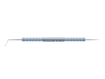 D&K SMILE double ended dissector, 4 1/2'', double-ended, angled 70°, 9.5mm from bend to tip, 1.25mm x 0.35mm spoon shaped tip, laser markings at 7.0mm, 7.5mm, and 8.0mm, angled 60°, 2.0mm from bend to tip, 0.25mm
