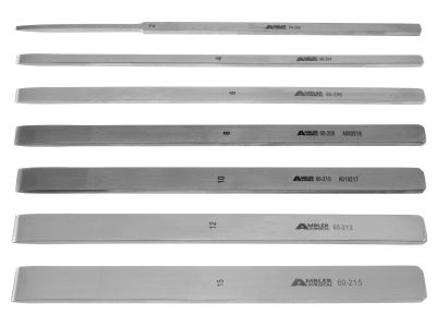 Swiss osteotome, 5'', straight, set of 7 includes 2.0mm, 4.0mm, 6.0mm, 8.0mm, 10.0mm, 12.0mm and 15.0mm wide, flat handle (60-202, 60-204, 60-206, 60-208, 60-210, 60-212 and 60-215)