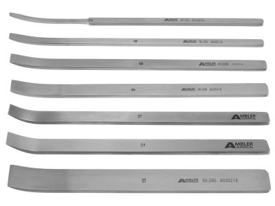 Swiss osteotome, 5'', curved, set of 7 includes 2.0mm, 4.0mm, 6.0mm, 8.0mm, 10.0mm, 12.0mm and 15.0mm wide, flat handle (60-252, 60-254, 60-256, 60-258, 60-260, 60-262 and 60-265)
