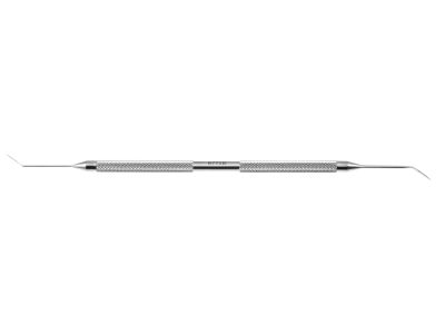 Folden femtosecond incision spatula/dissector, 5 3/8'',double-ended, angled 40º shafts, 8.0mm from bend to tip, 0.7mm and 1.2mm pointed tips, beveled edges, round handle