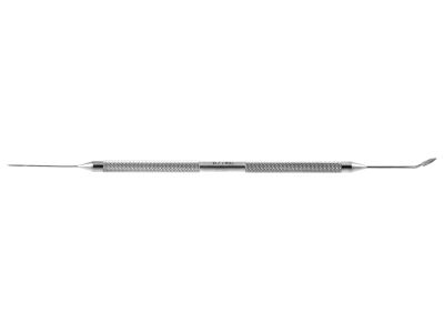 Eppert femtosecond incision spatula, 5 3/8'',double-ended, one straight and one slightly angled shaft, 8.0mm from bend to tip, 1.0mm and 2.0mm pointed tips, beveled edges, round handle