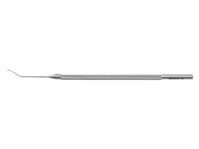 Goldberg side port nucleus splitter, 4 3/4'',angled shaft, 10.0mm from bend to tip, 0.8mm flat teardrop-shaped blunt tip, round handle