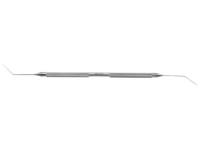 Maloney nucleus rotator, 5 1/4'',double-ended, angled shafts, 12.0mm from bend to tips, 0.5mm spatula tip, 0.6mm forked tip, round handle