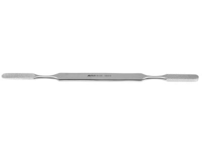 Fomon rasp, 8 1/2'', double-ended, backward cutting, 7.0mm wide, 4-sided, convex and flat blades, coarse teeth, flat handle