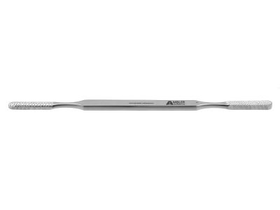 Fomon rasp, 8 1/2'', double-ended, backward cutting, 7.0mm wide, 4-sided, convex and flat blades, fine teeth, flat handle