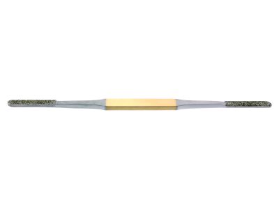 Fomon rasp, 8 1/4'',double-ended, forward and backward cutting, 7.0mm wide, one convex and one flat blade, coarse diamond coated surface, flat handle