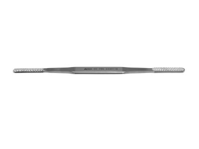 Fomon rasp, 8 3/8'',double-ended, backward cutting, 7.5mm wide, one convex and one flat blade, coarse teeth, flat handle