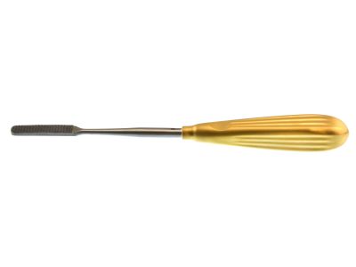 Parkes rasp, 8'', backward cutting, grit 5, 7.5mm wide, coarse TC teeth, gold grip handle