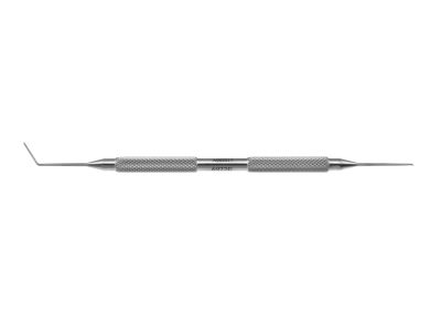 Machat LASIK retreatment spatula, 4 3/4''double-ended, angled 0.6mm wide x 10.0mm long cylindrical spatula, blunt tip, angled 0.7mm long hook tip, round handle
