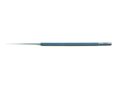 Weiss retinal pick, 6'',32 gauge, straight shaft, 90º angled 0.5mm long tip, round handle, titanium