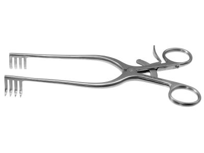 Adson self-retaining cerebellar retractor, 7 1/2'',straight, 4x4 sharp prongs, ring handle with ratchet