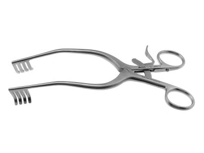 Adson self-retaining cerebellar retractor, 7 1/2'',angled, 4x4 blunt prongs, ring handle with ratchet