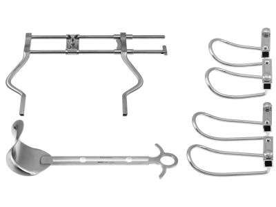 Balfour abdominal retractor, complete set includes: 1 each 2''x 3''wide solid center blade, 2 each 2 1/2''deep and 3 1/2''deep wire side blades, 8 1/2''operative opening, 13''overall width (70-202, 70-230 and 70-232)