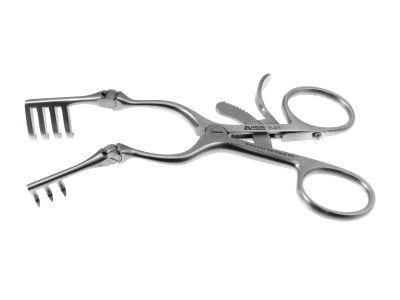 Beckman-Weitlaner self-retaining retractor, 5 1/2'',hinged blades, 3x4 sharp prongs, ring handle with ratchet catch