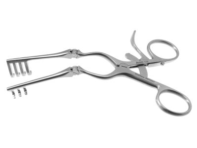 Beckman-Weitlaner self-retaining retractor, 6 1/2'',hinged blades, 3x4 blunt prongs, ring handle with ratchet catch
