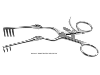 Beckman-Weitlaner self-retaining retractor, 8 1/2'',hinged blades, 3x4 sharp prongs, ring handle with ratchet catch