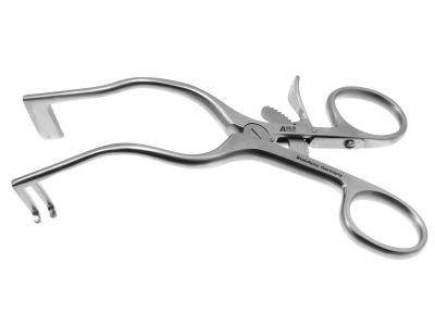 Bellucci-Wullstein self-retaining retractor, 5'',2 blunt prongs on left shaft, 13.0mm long, solid 10.0mm x 20mm blade on right shaft, 45.0mm spread, ring handle with ratchet catch