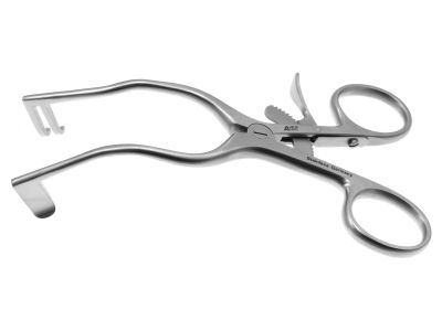 Bellucci-Wullstein self-retaining retractor, 5'',2 blunt prongs on right shaft, 13.0mm long, solid 10.0mm x 20mm blade on left shaft, 45.0mm spread, ring handle with ratchet catch