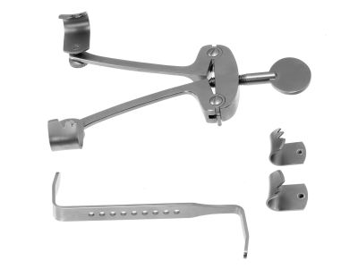 Henner endaural retractor, 4 1/2'',two curved, 13mm x 18mm blades, 42mm inside spread, two temporal, 6.0mm x 10.0mm and 12 x 75.0mm muscle blades