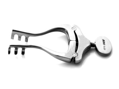 Jansen mastoid self-retaining retractor, 4 1/2'',3x3 blunt prongs, 15.0mm long, 70mm spread, screw handle