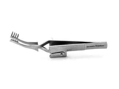 Knapp self-retaining retractor, 4'',angled, 4x4 blunt prongs, 1''wide, cross-action, with ratchet catch