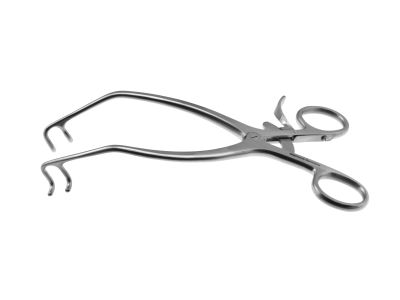 Kolbel soft tissue retractor, 7'',angled, 2x2 blunt prongs, ring handle with ratchet