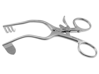 Perkins otologic self-retaining retractor, 5 1/4'',left, 3 blunt prongs, curved solid serrated blade, ring handle with ratchet catch