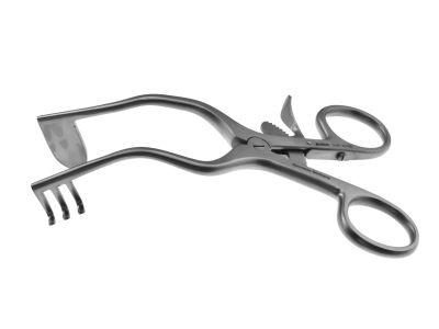 Perkins otologic self-retaining retractor, 5 1/4'',right, 3 blunt prongs, curved solid serrated blade, ring handle with ratchet catch