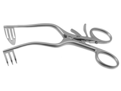 Perkins self-retaining retractor, 5 1/8'',right, 3 blunt prongs, curved fenestrated blade, ring handle with ratchet catch