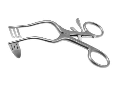 Perkins self-retaining retractor, 5'',3 blunt prongs on left shaft, 7.0mm long, 11.0mm x 25.0mm solid blade with spikes on right shaft, 80mm spread, ring handle with ratchet catch