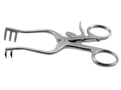 Weitlaner self-retaining retractor, 4'',2x3 sharp prongs, ring handle with ratchet catch
