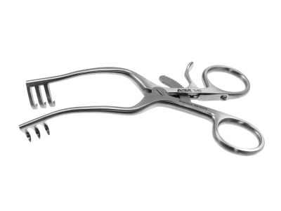 Wullstein-Weitlaner self-retaining retractor, 5 1/8'',3x3 sharp prongs, 14.0mm long, 35.0mm spread, ring handle with ratchet catch