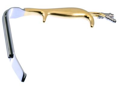 Tebbetts-style breast retractor, 150mm long x 30mm wide blade, serrated end, with fiberoptics and suction