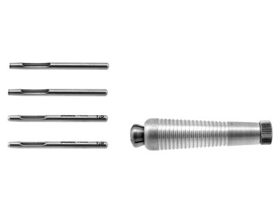 Elliot corneal trephine, set includes handle, 2 each 1.5mm and 2.0mm diameter blades (7451E, 7453E x2 and 7454E x2)