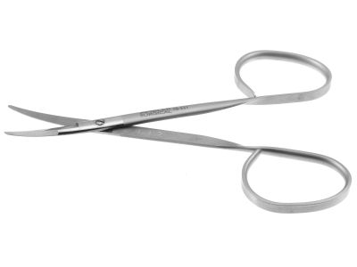 Kaye fine dissecting scissors, 4 1/2'',curved beveled blades, micro serrated lower blade, blunt tips, ribbon handle