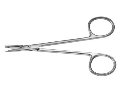 Ligature scissors, 10 1/4'', curved, TC serrated blades, blunt tips, black/gold ring handle