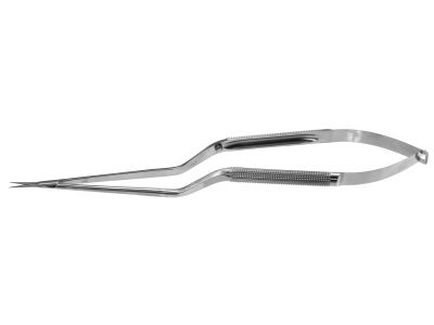 Microsurgical scissors, 8 1/2'',bayonet shanks, working length 3 3/8'',straight blades, sharp tips, round handle